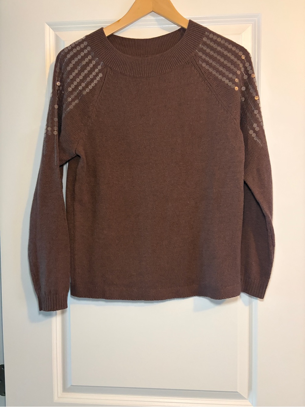 NIC+ZOE Chocolate Brown Sequin-Shoulder Crewneck Sweater